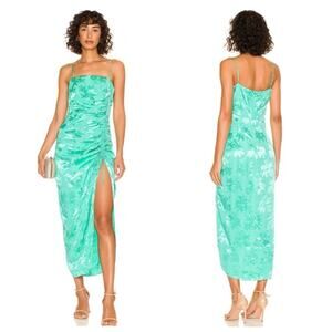 Saylor Gardenia Floral Satin Jacquard Ruched Side Slit Maxi Dress Seafoam M